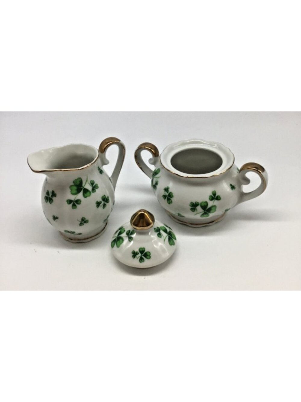 VTG Lefton China Porcelain Shamrock Lidded Sugar Bowl & Creamer Set Gold Trim